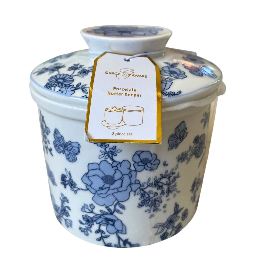 Grace Teaware Fine Porcelain Blue Floral Butter Crock w/ Lid NEW